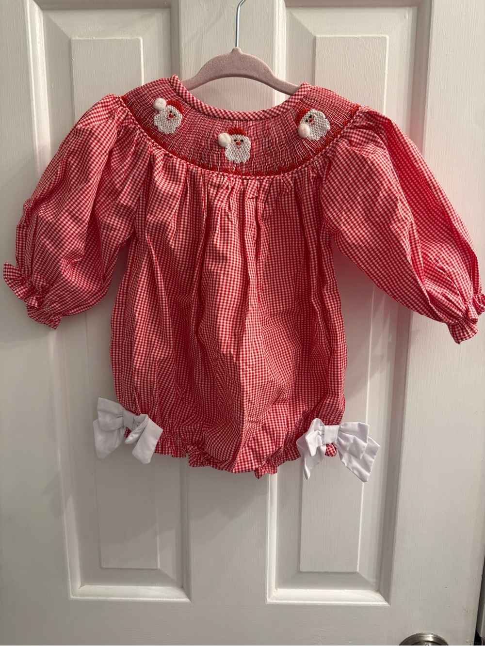Lillie & Lilah Christmas Santa Smocked Gingham Bubble Romper 6M